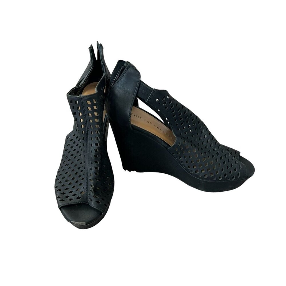 Chinese Laundry Platform Sandals 7.5 Black Wedge Peep Toes Zipper Closure